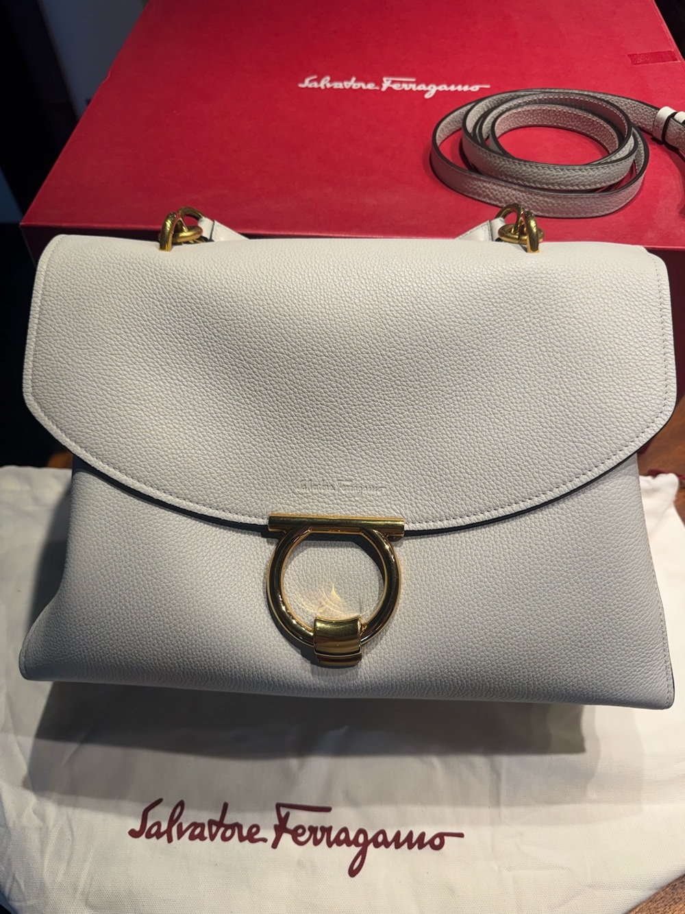 Salvatore Ferragamo Margot GG-21H320 Gull Grey Leather Satchel Crossbody Italy